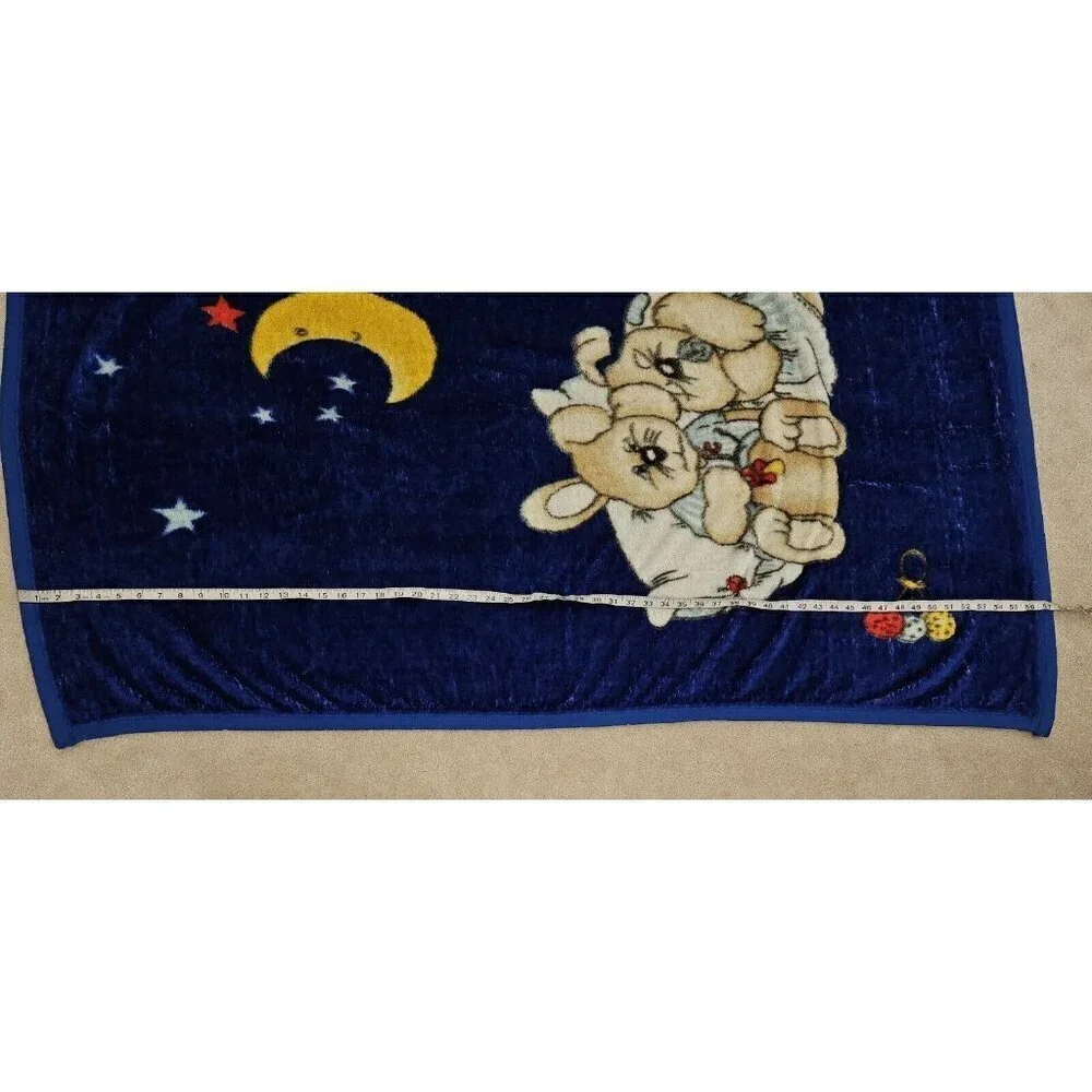 VTG Blue Blanket Sleeping Bunny Rabbits Moon Stars Rattle Acrylic Manterol? READ